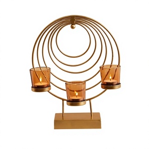 Brass Gold Spiral <b>Ring</b> Candle Holder 3 <b>Amber</b> Glass Tea Light Cups Stand Home Decor - Product Image 1