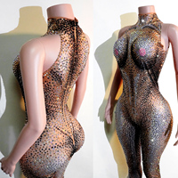 Combinaison Illusion Nude Entièrement Ornée de Strass, Effet Ombré Cristal, Sans Manches, Col Montant, Noir Champagne, Costume de Scène Gogo pour Danse