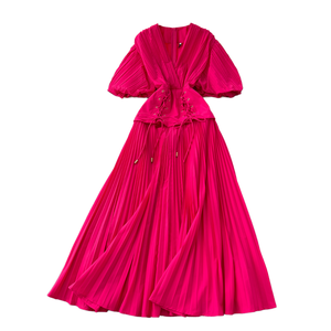 Estivo <span class=keywords><strong>elegante</strong></span> <span class=keywords><strong>tunica</strong></span> con scollo a V sottile per abito Midi plissettato a fascia per <span class=keywords><strong>donna</strong></span> Casual manica a lanterna stile impero abito in pizzo sostenibile - Product Image 1