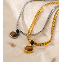 JINYOU 2015 Collar de Cadena Gruesa Trenzada de Acero Inoxidable Chapado en Oro con Colgante Redondo de Piedra Ojo de Tigre, Joyería
