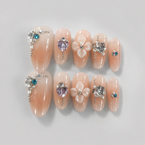 Uñas Postizas Acrílicas con Brillo Rosa, Diseño de Flores con Perlas y Diamantes de Imitación, 10 Piezas para Mujer - Product Image 4