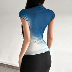 Floral Print Gradient Vintage Mesh T-Shirt Elegant Slim Fit Mock Neck Short Sleeve <b>Top</b> Women - Product Image 2