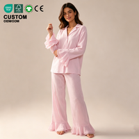 Ensemble pyjama froissé pour femme, chemise boutonnée à manches longues et pantalon large, vêtements de nuit et de détente à volants contrastants, tenue de nuit d'été