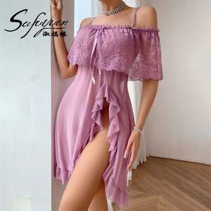 SFY-Y5136 Conjunto de Lencería Romántica Violeta con Abertura Lateral y Volantes, sin Tirantes, de Encaje, para Mujer, Talla Grande - Product Image 3