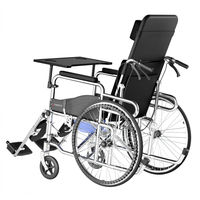 Silla de Ruedas Hidráulica Completamente Reclinable de Acero al Carbono con Ruedas Sólidas de 24 Pulgadas, Cojín de Asiento Lavable, Reposabrazos Extraíbles, Reposapiés Ajustable y Mesa