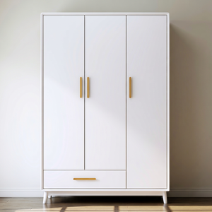 Modern White <b>Wardrobe</b> With Flat Panel Doors Hinged Freestanding Bedroom <b>Storage</b> Cabinet Minimalist Design One <b>Drawer</b> Wood Handle - Product Image 1