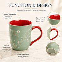 Tasse à café en céramique personnalisée vert sauge marbré avec motif floral doré, intérieur rouge, en porcelaine, pour la maison, le bureau ou comme cadeau