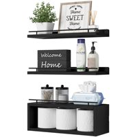 Juego de 3 Estantes Flotantes Negros para Pared con Toallero, Estantes de Almacenamiento Rústicos de Madera para Baño