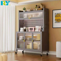 Meuble de rangement de cuisine à 5 niveaux avec roulettes, en acier, multifonctionnel, facile à nettoyer, pour micro-ondes, casseroles, vaisselle, avec porte vitrée