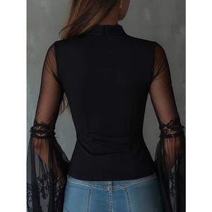 <span class=keywords><strong>Camiseta</strong></span> negra de cuello redondo, estilo vintage, con cremallera, de <span class=keywords><strong>tul</strong></span>, para primavera, de punto liso, con estampado por descarga, a la moda, de corte ajustado. - Product Image 2