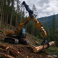 Grue forestière télescopique XUVOL 28m pour excavatrice de 15 tonnes, grappin à bois pour pentes et terrains accidentés