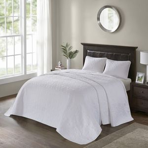 DB Reversible <b>Bedspread</b> Set White Queen Size Floral and <b>Quilted</b> Pattern Cotton and Polyester for Home Use or Hotels - Product Image 4
