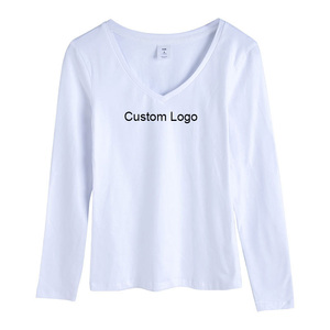 Hauts à manches longues pour femmes 95% coton 5% élasthanne T-shirts à col en V pour femmes Hauts féminins T-shirt à manches longues slim Automne - Product Image 1