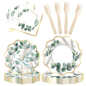 Damai Sage Greenery Paper Tableware Set <b>Disposable</b> <b>Plates</b> Gold Foil Eucalyptus Birthday Party Supplies - Product Image 2