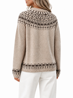 Pull col rond en jacquard Fair Isle beige vintage pour femme, pull en tricot à motif géométrique contrastant, haut d'hiver, OEM/ODM