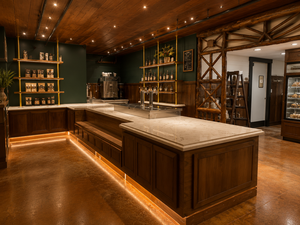 <b>Rustic</b> Luxury Coffee & Retail Shop <b>Fixtures</b> | Live Edge Wood, Brass, Stone, Modular Display & Turnkey Café Interior Design - Product Image 1