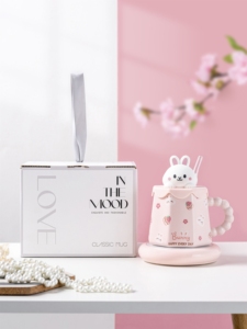 Vente en gros de tasses à bec pour enfants, mignonnes, en céramique, avec couvercle, motif lapin 3D, 400 ml, pour le petit-déjeuner, sublimation - Product Image 3