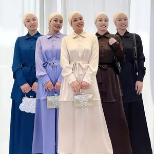 2023 नवीनतम डिजाइन मध्य पूर्व दुबई तुर्की abaya ठोस रंग फीता अप मुस्लिम पोशाक सूट के लिए इस्लामी कपड़े महिलाओं