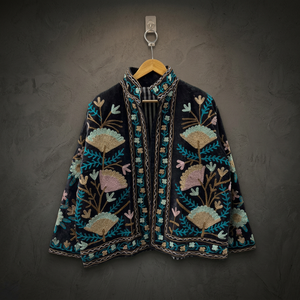 Handcrafted Black Velvet Suzani Embroidered <b>Jacket</b> <b>Women</b> Open Front Mandarin Collar Short Coat Reversible Boho Outerwear - Product Image 4