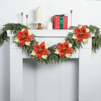 Flor de Poinsettia Navideña Roja y Dorada de Tela, 11 Pulgadas, Decoración Festiva de Lujo para Coronas y Guirnaldas, Venta al Por Mayor