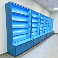 Étagère de présentation moderne avec rétroéclairage LED bleu, vitrine multi-niveaux avec base verrouillable pour produits de tabac/produits pharmaceutiques