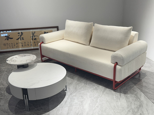 Sofá Tapizado de 2 Plazas, Compresible, con Tela <span class=keywords><strong>Blanca</strong></span> y Estructura Metálica Roja, Almohadas Cómodas para Espacios de Vida Minimalistas en Villas/Parques - Product Image 4