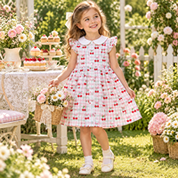 Dress anak perempuan pink motif kotak ceri katun musim panas kerah Peter Pan lengan ruffle grosir OEM ODM