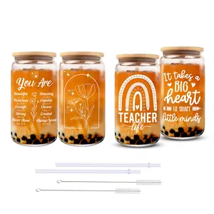 Custom Logo Double Wall Frosted Clear Shaped Can Cup Beer Glass With 16Oz Bamboo Lids And Straw