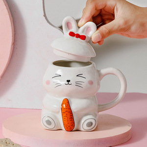 Taza de leche de cerámica con diseño de conejo y zanahoria, con tapa y asa, para uso doméstico, juego de dos piezas para desayuno y café. - Product Image 4