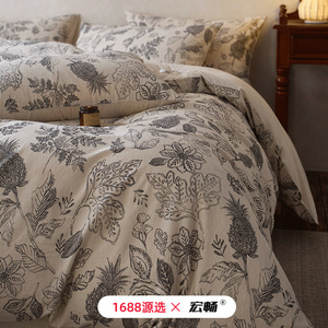 Cotton Linen Printed Four Piece <b>Bedding</b> <b>Set</b> Reactive Dyeing Breathable All Season Plants Flowers Pattern - Product Image 2