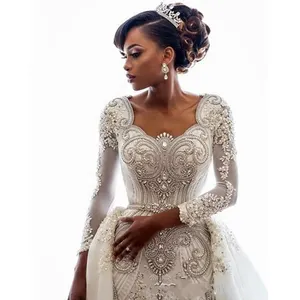 Robe de mariée de luxe à manches longues, avec perles, style sirène, avec queue détachable