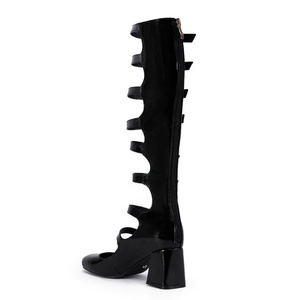 Summer Belt Buckles Women Knee High <b>Boots</b> Chunky Heels Patent Long Booties Sexy Square Toe Back Zipper Sandals Shoes - Product Image 5