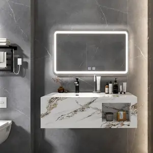 Fregadero de piedra sinterizada de tocador Popular con espejo inteligente Lavabo de mármol colgado en la pared Gabinete combinado de baño artificial