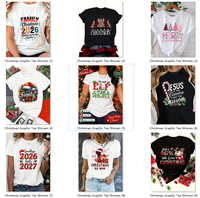 T-shirt d'été pour femme, col rond, ample et surdimensionné, en coton peigné respirant et écologique, imprimé personnages Joyeux Noël