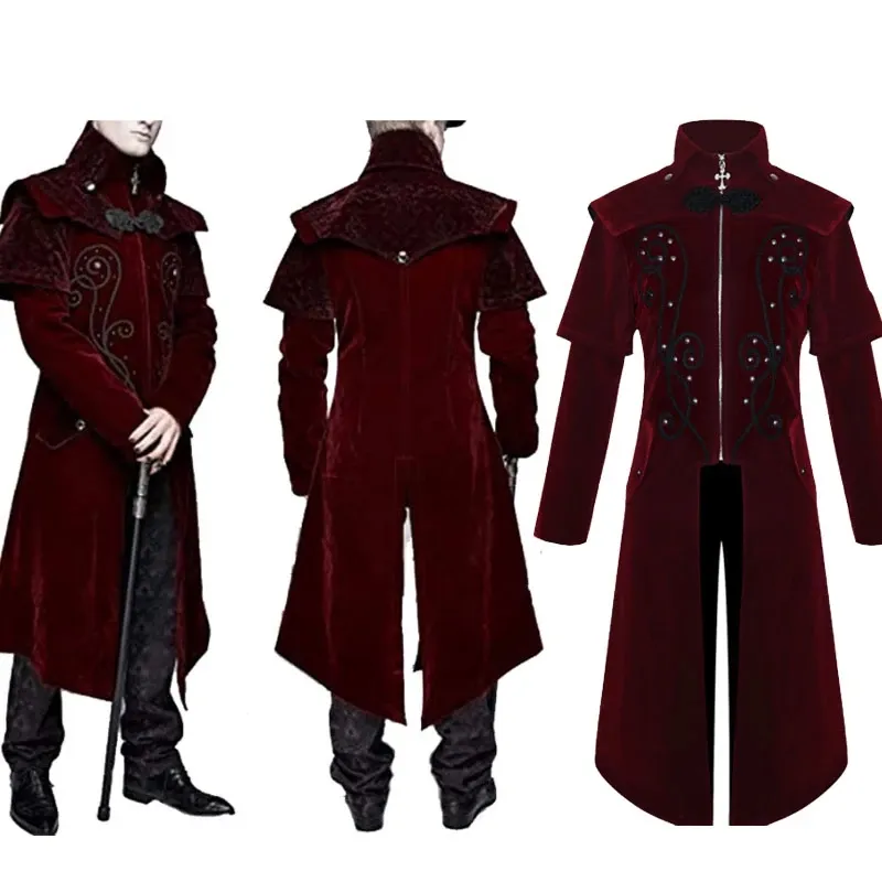 Men's Medieval Steampunk Castle Vampire Devil Red Coat Cosplay Costume Middle Ages Victorian Nobles Tuxedo Suit Trench coat