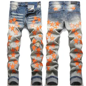 AeeDenim OEM logo High street new style ripped orange star patch work fashion slim feet full of stars stretch men's Denim Jeans