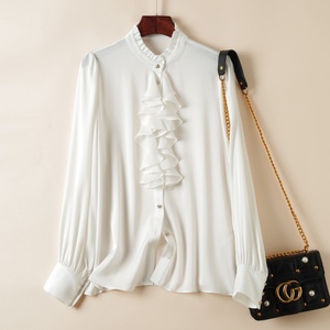 Camisa de seda de manga larga para mujer, blusa de moda con cuello con volantes y frente - Product Image 4
