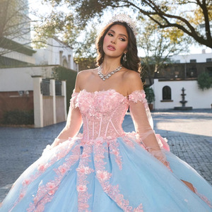 LY-QD0051 Abito da ballo vintage da ragazza con corsetto in pizzo, fiori 3D, ricami di <span class=keywords><strong>paillettes</strong></span> e <span class=keywords><strong>gonna</strong></span> da principessa, per Quinceañera (15 anni) - Product Image 1