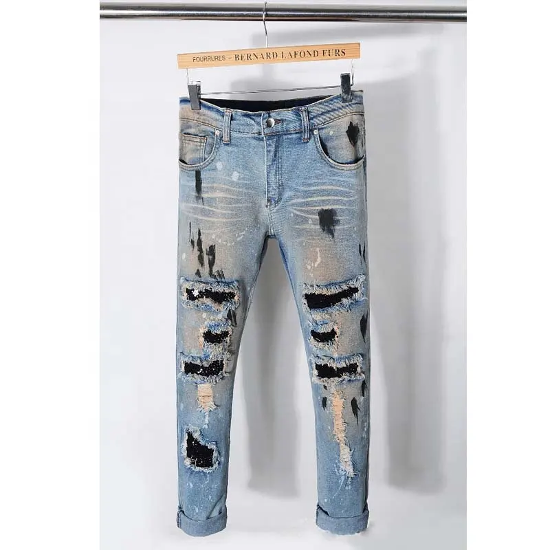 High Quality Brand ripped men jeans straight leg Slim jeans pants men