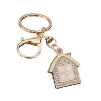 Porte-clés maison en strass, alliage de zinc plaqué or, cadeau de pendaison de crémaillère, anneau porte-clés, fermoir mousqueton, breloque de sac, mini pendentif maison