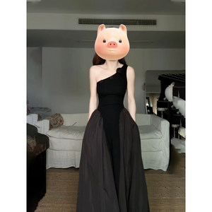 Korean Style Asymmetrical Neckline Pleated Long Dress Black Fitted Waist Evening Dress For Tourism Leisure Beach Daily Dating - Product Image 3