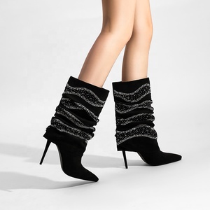 Bottines <span class=keywords><strong>noires</strong></span> à strass pour femmes, à bout pointu, talons hauts, style western glamour, souples, pour l'automne et l'été, rehaussant la silhouette - Product Image 2