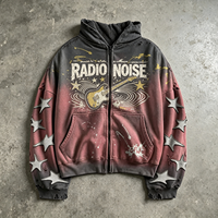 Hoodie Zipper Heavyweight Distressed Dirty Spray Streetwear dengan Cetakan Bintang Gitar Radio Noise, Pesanan Grosir B2B Siap Kirim