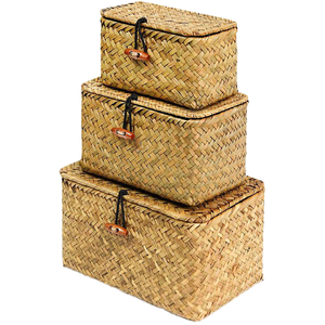 Cestas de estante de algas marinas naturales <span class=keywords><strong>con</strong></span> <span class=keywords><strong>tapa</strong></span> Juego de 3 contenedores de almacenamiento de algas marinas tejidas a mano Caja Organizador de <span class=keywords><strong>cesta</strong></span> rectangular para el hogar - Product Image 2