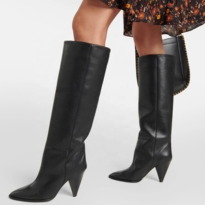Bottes hautes pour femmes, taille 46, coupe large, à talons aiguilles, bout pointu, style bottines longues - Product Image 1