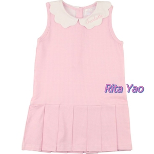 Vestito Estivo da Bambina in Maglia Rosa a Quadretti con Colletto Smerlato, Senza Maniche, con Pieghe e Ricami, Abito Casual - Product Image 6