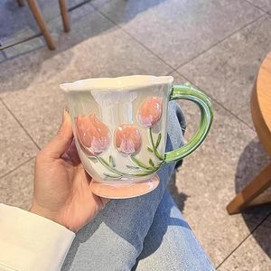 Mug à café et tasses à lait en céramique au design floral charmant, réutilisables, sûrs, avec cuillère, pour le bureau, la maison, le café, les entreprises - Product Image 2