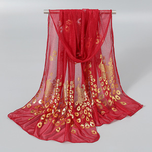 Hijab ligero cuello Wrap bufanda oro Pavo Real pluma lentejuelas gasa chales y chales <span class=keywords><strong>para</strong></span> vestido <span class=keywords><strong>de</strong></span> <span class=keywords><strong>fiesta</strong></span> boda chal envoltura - Product Image 4