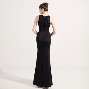 Abito da sera poliestere Slim stile <span class=keywords><strong>lungo</strong></span> profondo V e <span class=keywords><strong>spacco</strong></span> <span class=keywords><strong>laterale</strong></span> e senza schienale <span class=keywords><strong>con</strong></span> abito <span class=keywords><strong>nero</strong></span> solido patchwork di cotone - Product Image 4