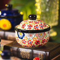 Petite cocotte en céramique peinte à la main, style rétro, motif floral, pot à soupe domestique avec couvercle, pot à double fond, pour œufs à la vapeur et crème anglaise